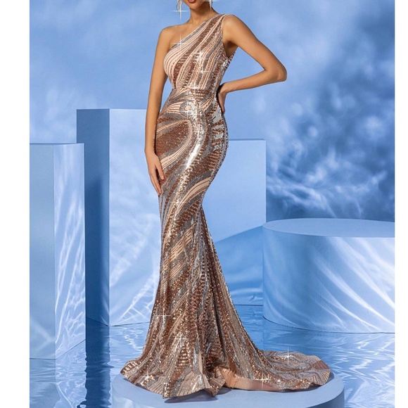 Luxe Sequin One Shoulder Party Evening Wedding Prom Dress - Picture 4 of 9